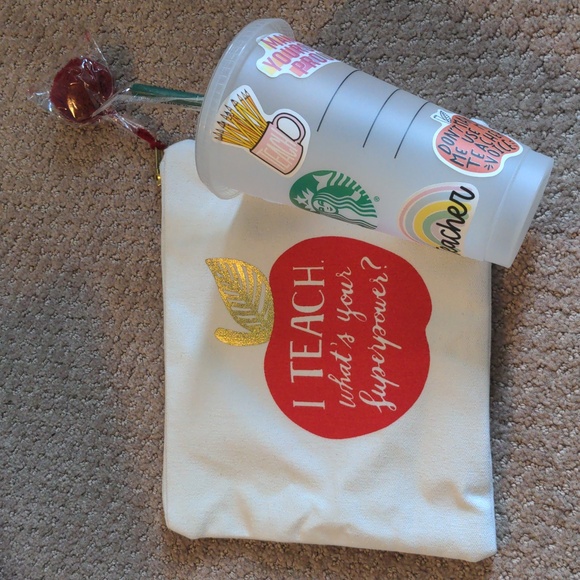 Bundle of Teacher Cosmetic Pouch with Starbucks Cold Cup and Book NWOT - Picture 2 of 9